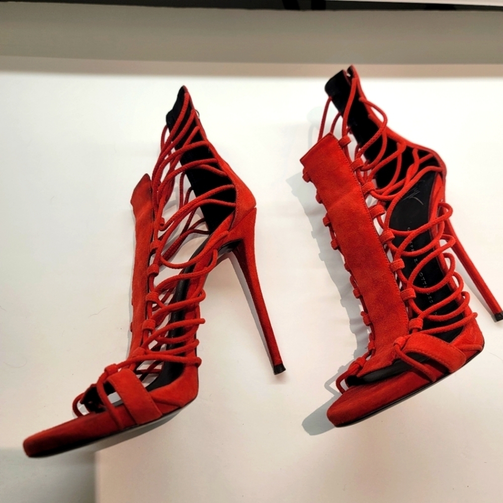 Giuseppe Zanotti Red Strappy Suede Stiletto Heels - Picture 7 of 14